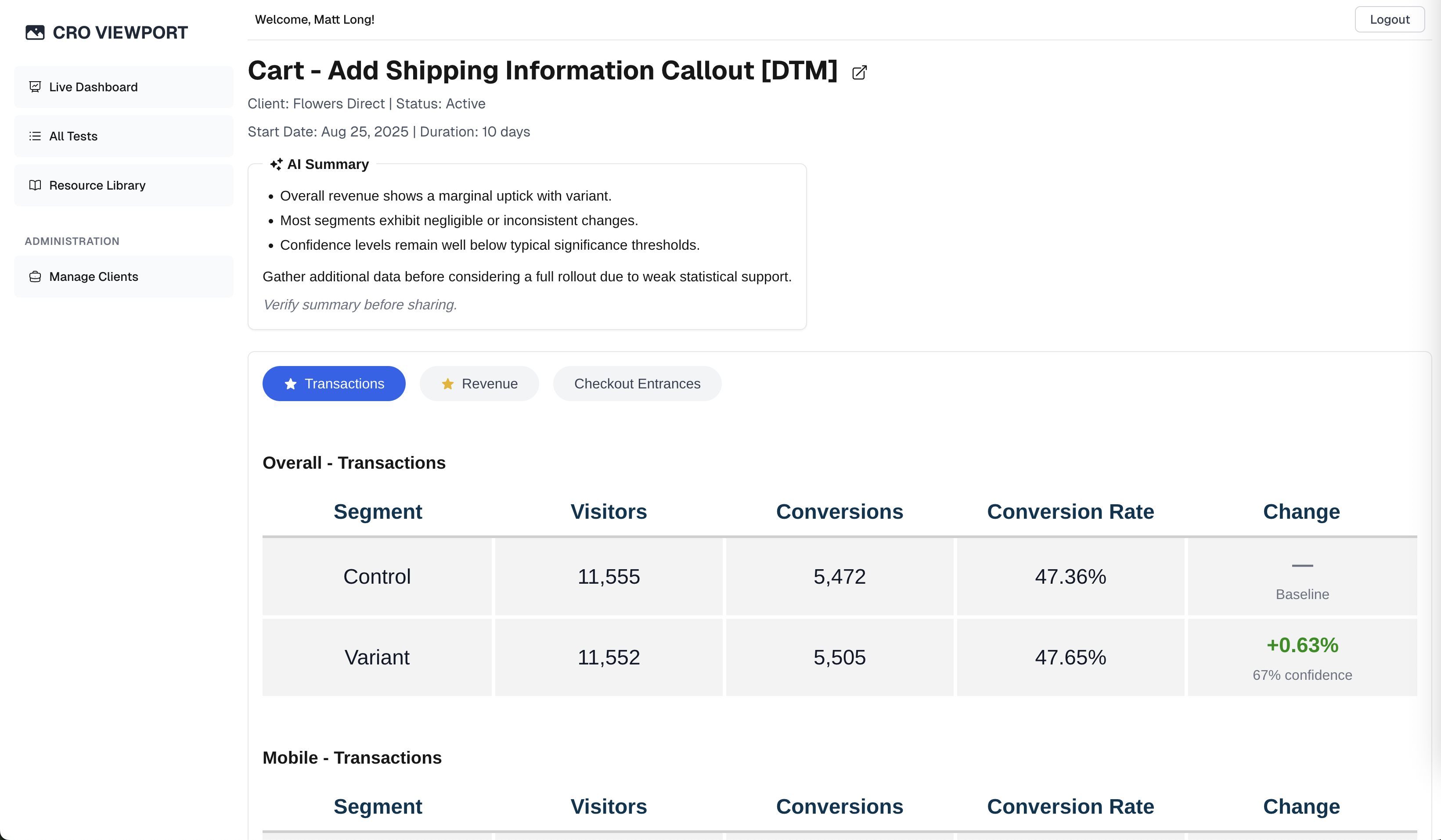 The "details" page for a specific test, featuring all data returned by the API for each goal and segment along with an AI summary